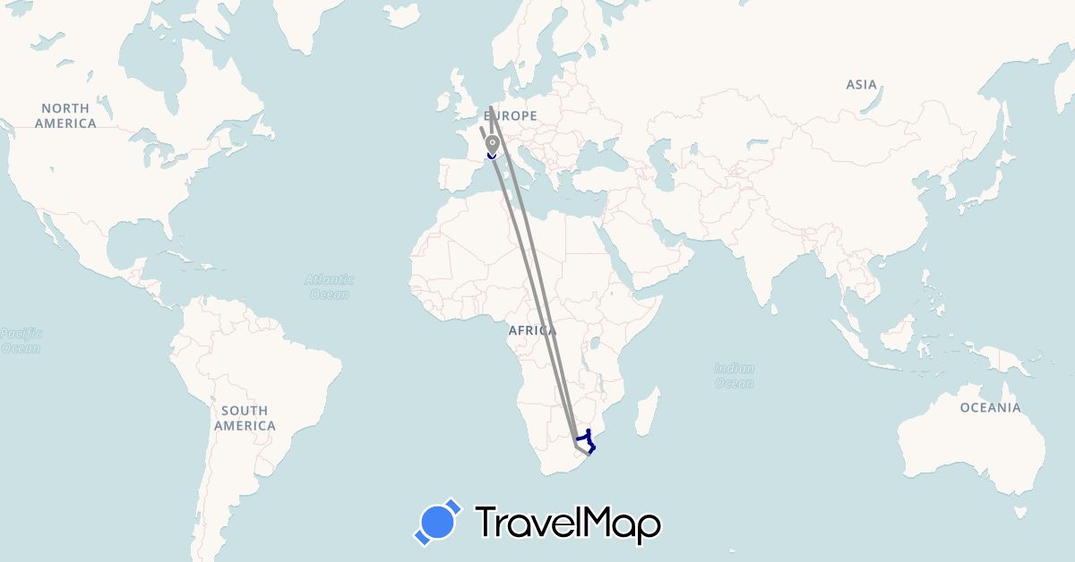 TravelMap itinerary: driving, plane in France, Netherlands, Swaziland, South Africa (Africa, Europe)